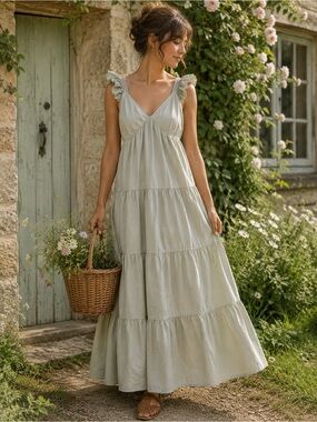 SIM & SAM Dress Romantic Cottagecore Prairie Maxi Sage Green Boho Ruffles Size S
